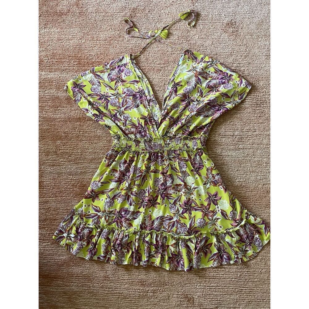 Blue Island Yellow Floral Halter Mini Dress Ruffle Hem Smocked Waist Size XL
